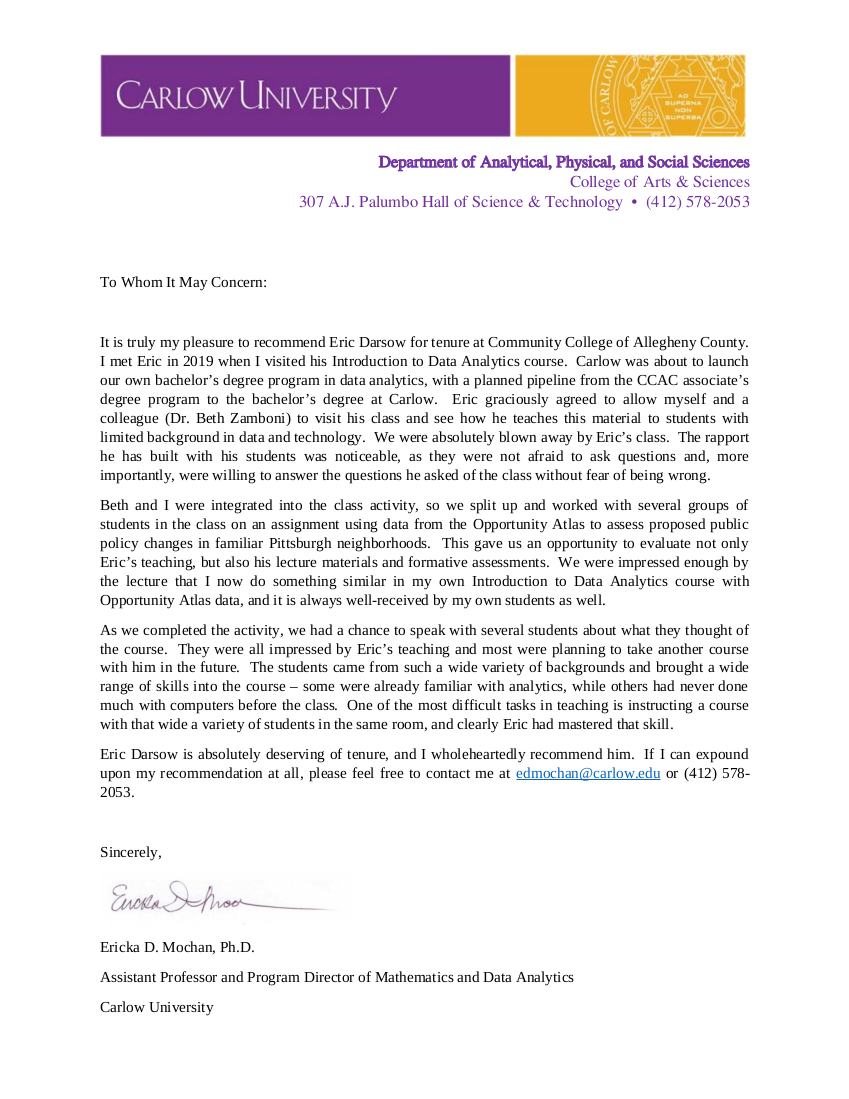 letter of support by Carlow University professors